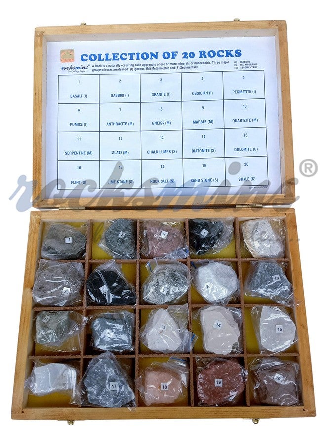 روكسمينز مجموعة روكسمنز RO20WB، 20 صخرة في صندوق خشبي متين. مجموعة من 20 عينة صخرية كبيرة الحجم، تشمل الصخور النارية والرسوبية والمتحولة. مجموعة ألعاب علمية جيولوجية مثالية لعلم المعادن وعلم الصخور. - Image 3